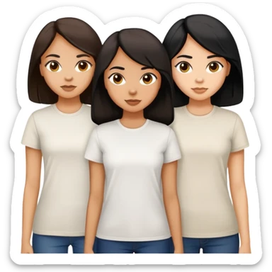 Three women, light skin with long dark brown hair, tan skin long black hair, and tan skin dark brown short hair, white tee sticker