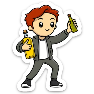 redhead person holding olive oil bottle like a pistol, action pose sticker