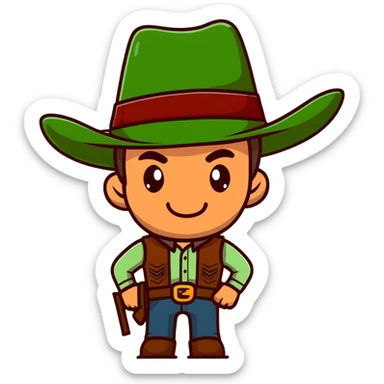 Cowboy wearing a green hat with no star, rugged face with stubble, western style sticker