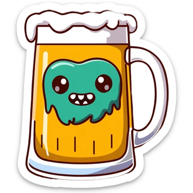 A wobbly beer tankard with monster eyes and sharp teeth like a mimic monster, overflowing with frothy beer sticker