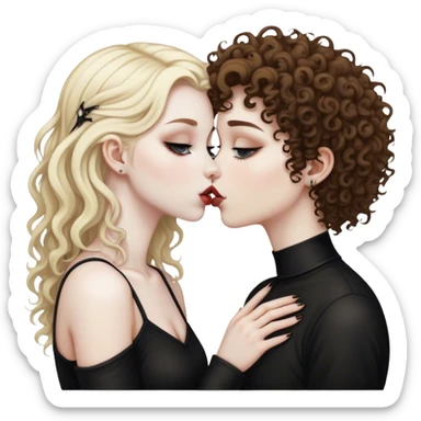 Blonde white goth girl kissing a brown curly haired white emo girl sticker