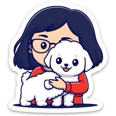 Girl with long black hair and glasses holding a white Bichon Frise dog sticker