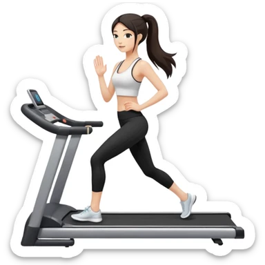 Девушка белокожая на бековой дорожке, с длинными темными волосами, в одежде для йоги - черные лосины, белый короткий топ на тонких лямках, sticker