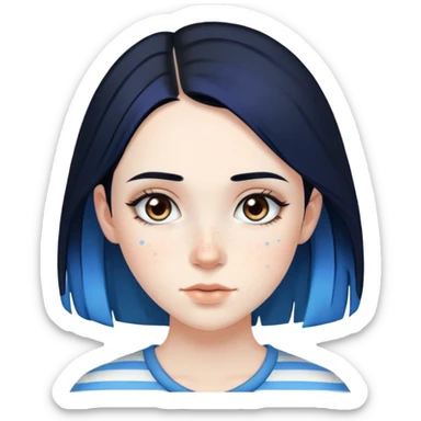 Pale girl with freckles and brown eyes, black hair, with two strips of blue hair sticker