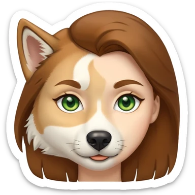 White Woman hair brown and brown eyes and golden Husky With green eyes sticker