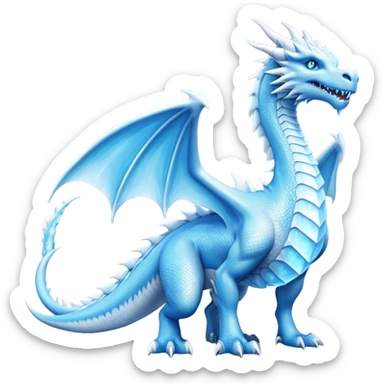 Cinematic Noble wise elegant Ice Dragon full body  Emoji, Poised and imposing, distinct long elegant snout, with a slender, scaled body shimmering in glacial hues of icy blue, frostbitten silver, and crystalline white, breathing out frost, with piercing, glowing ice blue white eyes that radiate the chilling depths of an arctic storm; rendered in detail. excuding wisdom sticker