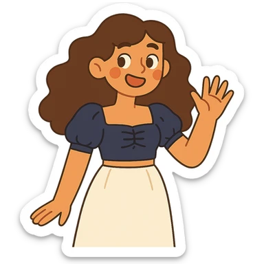 tan girl with wavy hair, white long skirt, navy blue ruched square neck crop top sticker