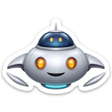 Design a simple, friendly spaceship with a smooth, rounded shape. Add a clear 'face' on the front using glowing lights for eyes and a curved line for a smile, giving it personality. Use a plain background to keep the focus on the ship sticker
