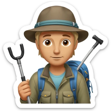 A rugged hiker adjusting hiking poles while preparing for a trek.


 sticker