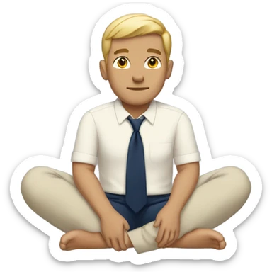 man meditating sitting down with cream dress shirt and navy blue pants . no tie sticker