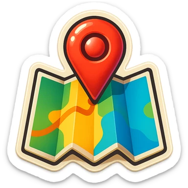 A sticker of a cartoon-style map with a big red location pin sticker