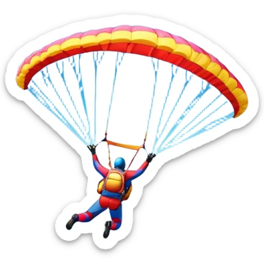 A base jumper soaring through the sky, with a brightly colored parachute open. The backdrop features breathtaking mountain peaks, lush valleys, and a vast blue sky dotted with clouds. The scene captures the thrill and freedom of jumping from great heights into the open air. sticker