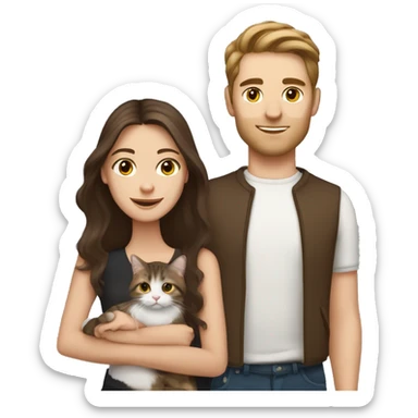 Long Brown hair girl and brunette white brunette man holding tabby cat  sticker