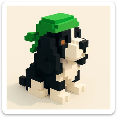 A black and white Russian Cocker Spaniel puppy wearing a green durag, voxel style, sitting, facing right sticker