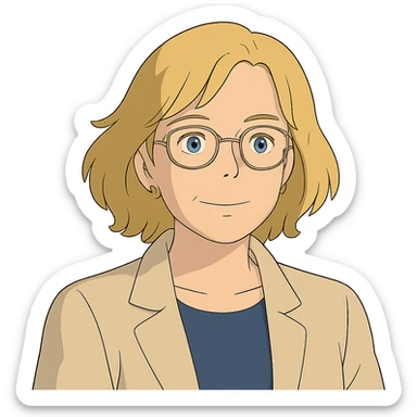 ghibli style blonde 40 year old woman with blue eyes and glasses sticker
