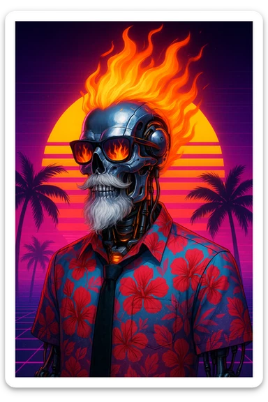 A robotic skeleton with a chrome skull, exposed cables and joints, and a white beard. Sporting sunglasses with fiery reflections, and a mane of orange-red flames. Wearing a Hawaiian shirt (red hibiscus, pink/blue gradient) and a black tie, with glowing mechanical parts under the collar. Background: synthwave sunset, large sun with lines, neon colors, palm trees. Style: cyberpunk, vaporwave, retrofuturism. sticker