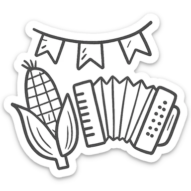 festa junina icon with a corn cob, accordion, and colorful flags, simple outlined icon style sticker