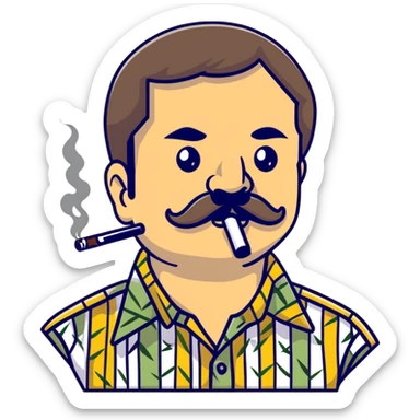 Mexican drug lord El Chapo with mustache and patterned shirt, smoking weed sticker