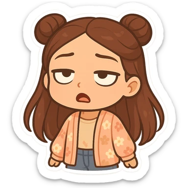 Create a chibi sticker of the girl from the reference image. She has brown straight hair styled in double buns, brown eyes, wearing a pastel floral cardigan and jeans. The expression is rolling her eyes as if saying 'oh my god'. The sticker should have a white outline and a transparent background, sized 512x512px. sticker