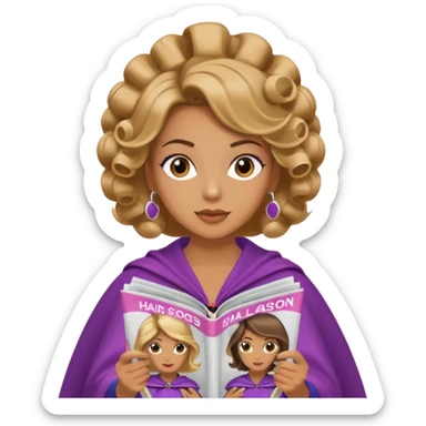 mujer en la peluquería con rulos en la cabeza y leyendo una revista sticker