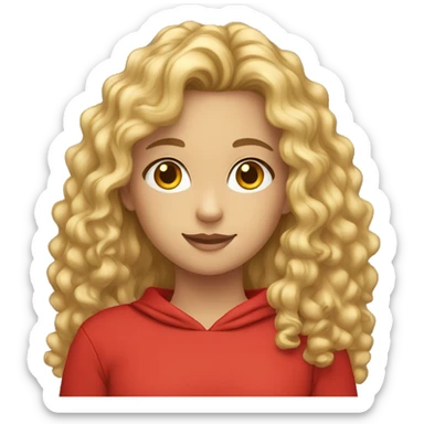 Girl with long blonde curly hair and hazel eyes and a red sweatshirt sticker