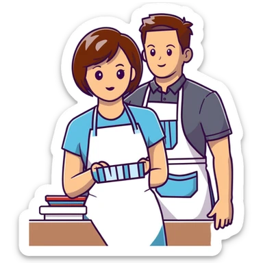 stylist with apron demonstrating haircut on mannequin to student sticker