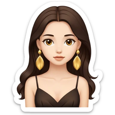 Beautiful woman,cute, long dark brown hair in dark dress with gold earrings sticker