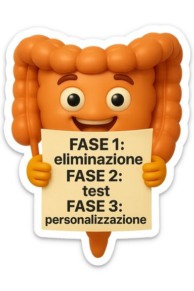 emoji stile iphone 3d di un intestino che tiene in mano un foglio con la scritta "FASE 1: eliminazione, FASE 2: test, FASE 3: personalizzazione, IPERREALISTICO 4K sticker