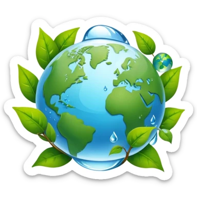 An icon featuring a globe with green leaves, a recycling symbol, and a water droplet, symbolizing ecology. The design includes trees, animals, and renewable energy icons, representing the study of ecosystems, environmental protection, and sustainability. Transparent background sticker