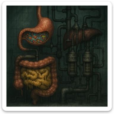 medical horror illustration of human digestive system mapped as a factory, stomach full of vibrant microplastic shards, liver with pesticide filter-clogged pipes, intestines covered in yellow preservative sludge, disturbing clinical eerie atmosphere sticker