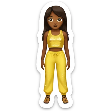Chilli from TLC with long dark brown hair, yellow sequin crop top and pants, dark skin  sticker