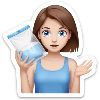 Brown hair blue eye Girl shrugging holding a clear plastic bag with white powder sticker