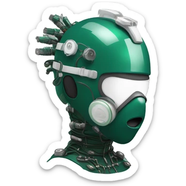 Dark green Mohawk female cyborg head with white respirator mask and circuits sticker