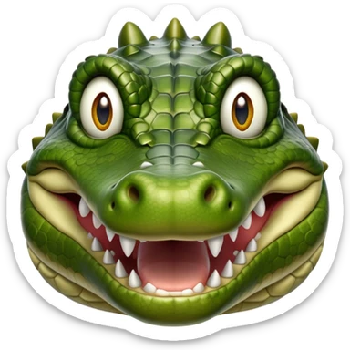 Cinematic Realistic Noble Crocodile Portrait Emoji, Poised and formidable, with a massive, muscular build and a rugged, intricately textured scaly hide in deep olive-green with natural camouflaged patterns, a powerful, fearsome jaw and piercing, ancient eyes rendered in lifelike detail, high shine, intelligent and imposing, styled with an air of primal authority, focused and attentive, soft glowing outline, capturing the essence of a watchful and confident crocodile that appears ready to surge out of the screen with effortless power! sticker