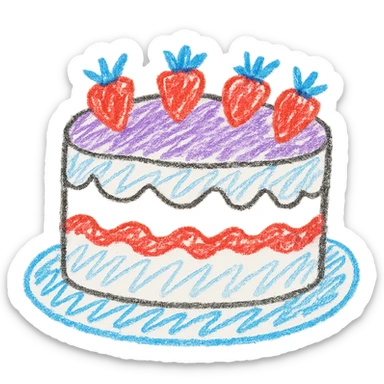 white cake with strawberries on top, playful and colorful, children doodle style sticker