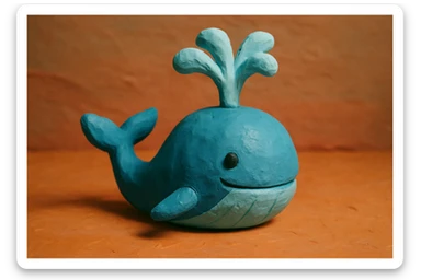 a blue whale with a water spout, claymation style sticker