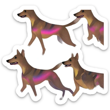  brindle brown black maroon striped lurcher Alsatian fox running blue eyes and iridescent holographic oilslick harness wearing paper iridescent tropical flower crown yellow caution tape sticker