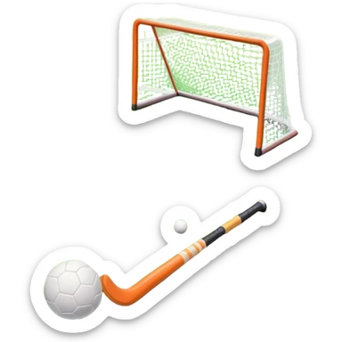 A field hockey stick and ball positioned on a vibrant green grass field, with the goalposts and clear field markings in the background. The scene highlights the lush, well-maintained turf, emphasizing the speed and precision of the sport in an energizing outdoor setting. sticker