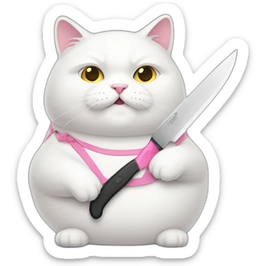 Fat-White-cat-with-pink-cheeks-and-knife sticker