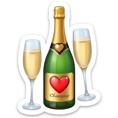 Draw a champagne bottle with a heart label using an isometric camera with a High-Angle Shot. sticker
