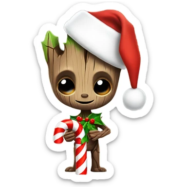 groot wearing santa hat and holding a candy cane sticker
