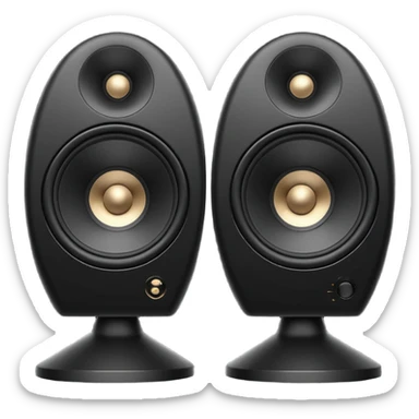 pair of big speakers emoji, deep matte black metal body, circular speaker cones with subtle depth, smooth rounded edges, minimalistic futuristic 3D style, luxury aesthetic sticker