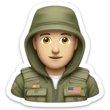 white guy with militay print hat and white hoodie and pants sticker