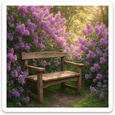 A rustic bench nestled among vibrant lilac bushes, floral abundance, serene garden scene sticker