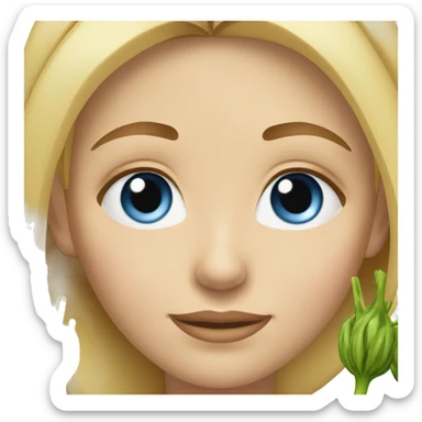 White girl, blonde, with blue eyes, rubs her head on which there are onion sprouts sticker