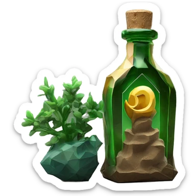 symbolic dirt humus in a bottle sculpture symbolizing Capricorn with a geometric, faceted design. The bottle is standing upright with angular and baroque features. The vibrant deep green plants colors highlights the sharp edges and planes.  sticker