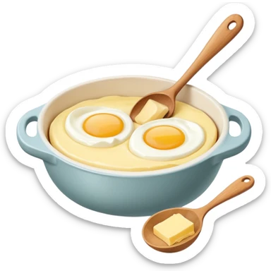 A carton of eggs, butter and a cream ceramic baking bowl with a wooden spoon in it sticker