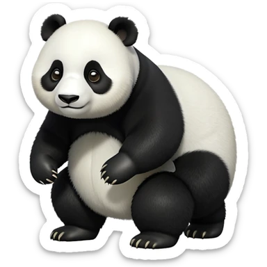 cinematic-[panda bear]-realistic-full-body-standing on all fours-emoji,-tail-tucked-close,-head-tilted-dramatically,-thick-[black and white]-fur,-simplified-yet-realistic-focused-features,-highly-detailed,-glowing-with-an-almost-sarcastic-glow sticker