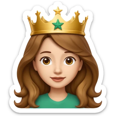 Apple style 3D emoji of a young woman inspired by the Starbucks logo. She has long wavy hair on both sides, a crown with a star on her head, and a soft smile. Smooth, shiny, simple emoji look. sticker