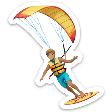 A kite surfer soaring above the waves, holding onto a kite with the wind in full force. The background showcases the ocean and sky, emphasizing the freedom, thrill, and energy of the sport. The motion of the kite and board is dynamic, capturing the excitement of kiting. sticker